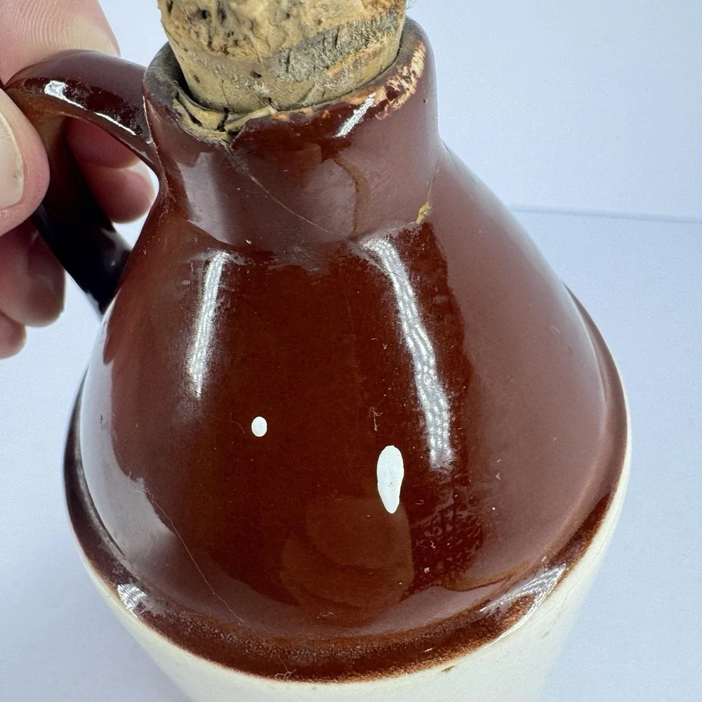 Vintage Mini Stoneware Maple Syrup Jug Cork Stopper Brown Cream‎ USA Pottery